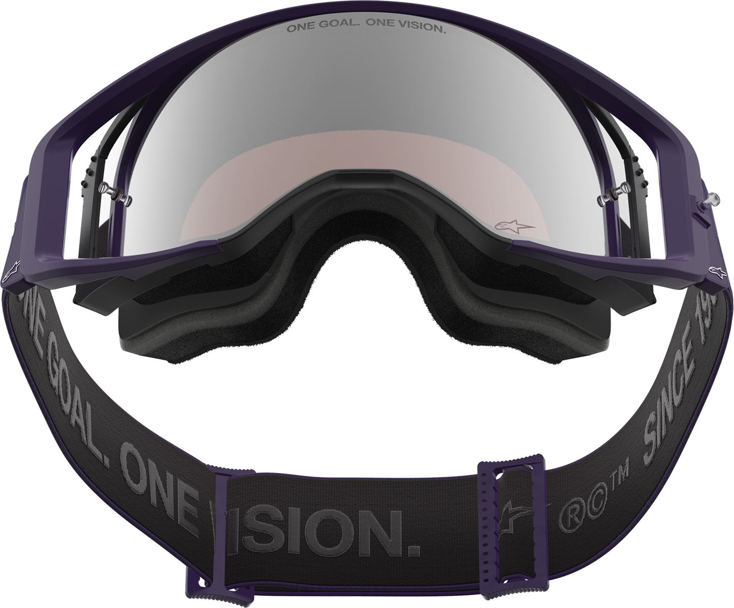 Alpinestars Supertech Goggle Hunta 96 XXV with purple and white frame and silver mirror lens, designed for motocross riding.