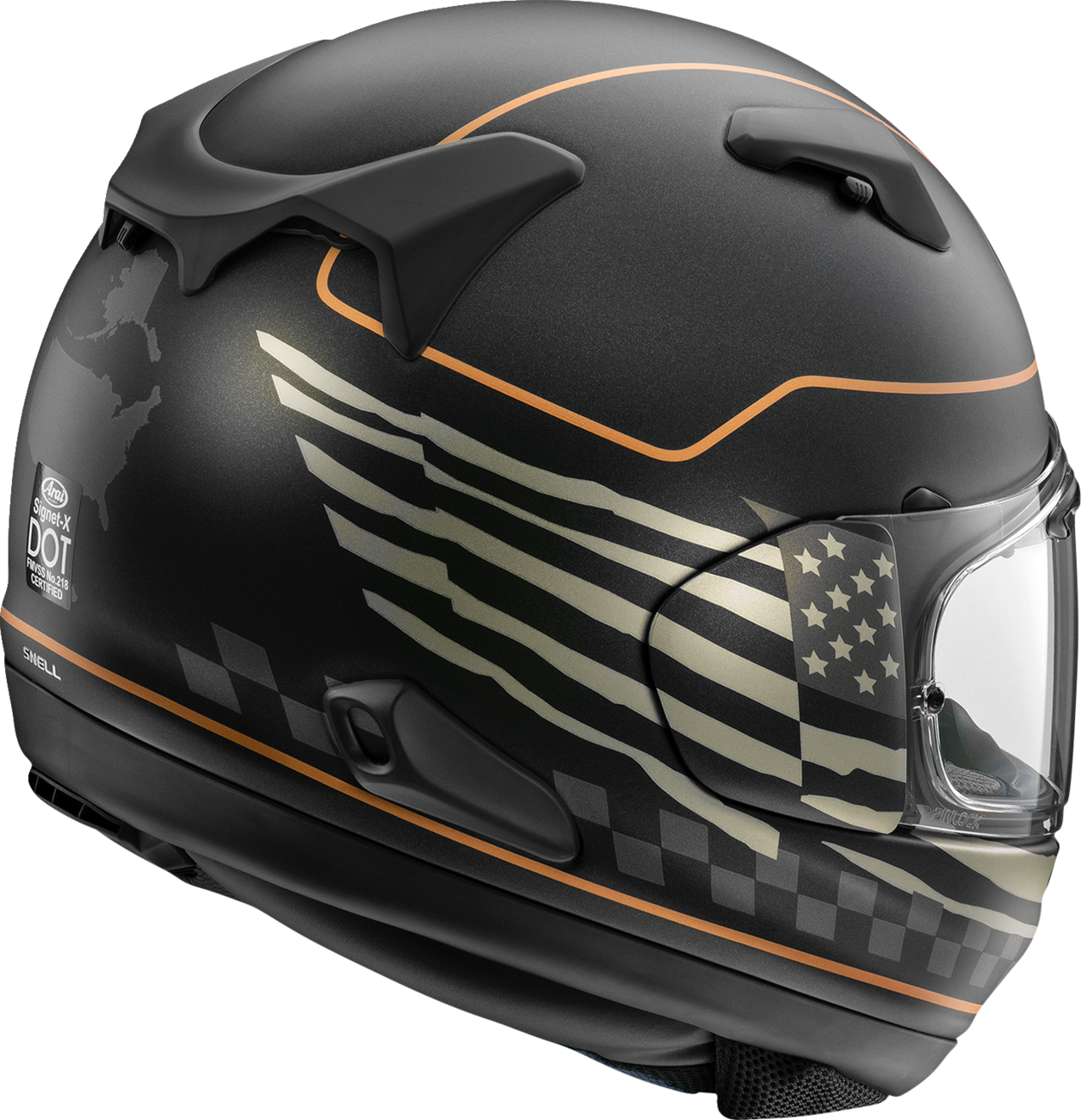 Arai Signet-X helmet with US flag design in black frost, large size, featuring aerodynamic shape and venting for motorcycle riding.