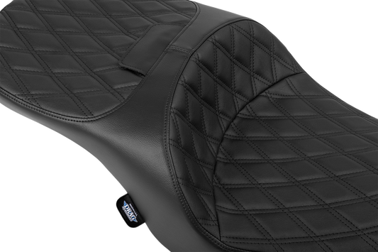 Black DRAG SPECIALTIES SEATS forward position Freedom Seat with vinyl and solar leather, double diamond stitching for FLH/FLT 2023-2025.