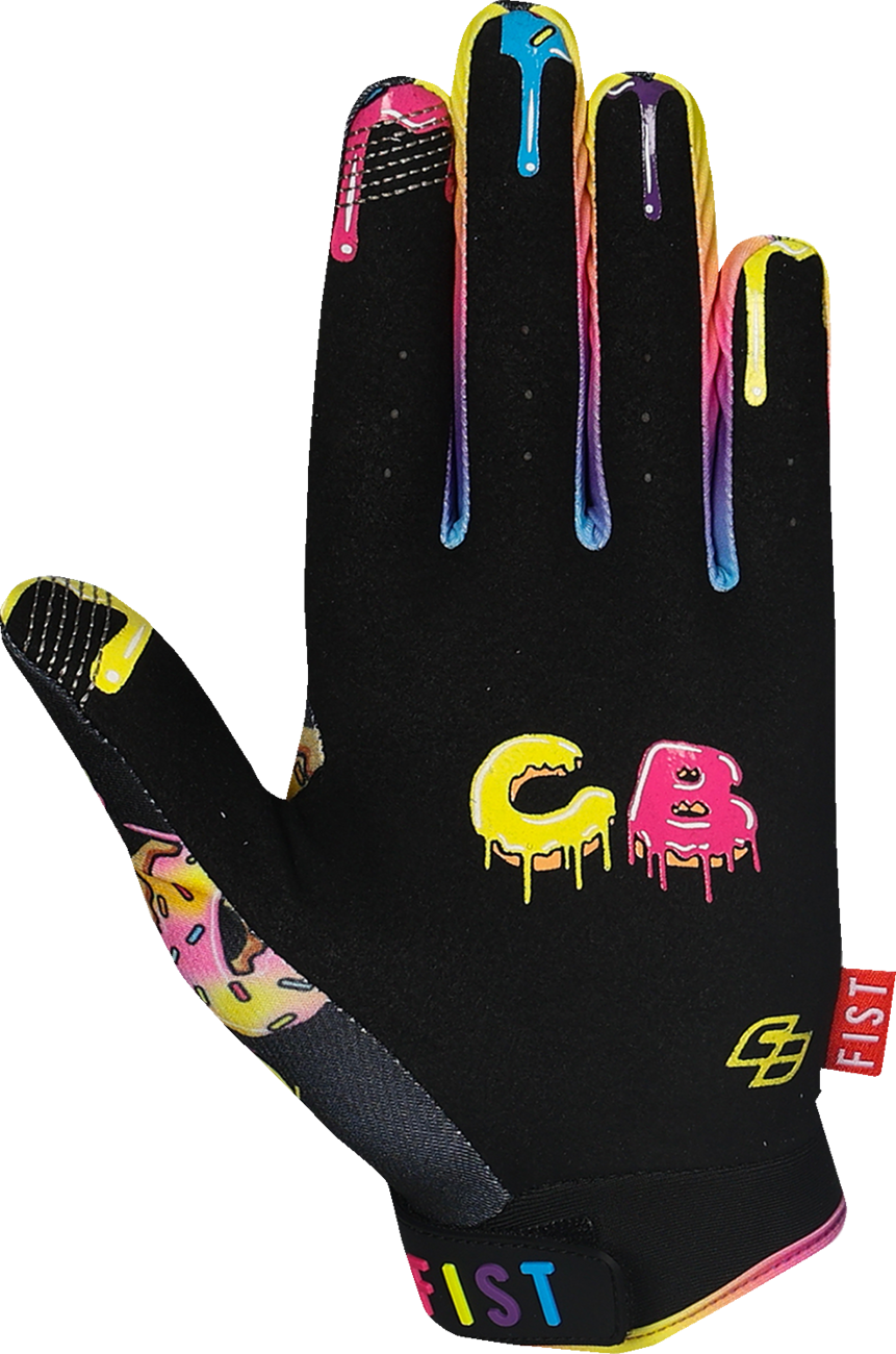 FIST HANDWEAR Lil Fists Strapped Caroline Buchanan Red Label Sprinkle Fades Gloves in medium size with vibrant red and fade design.