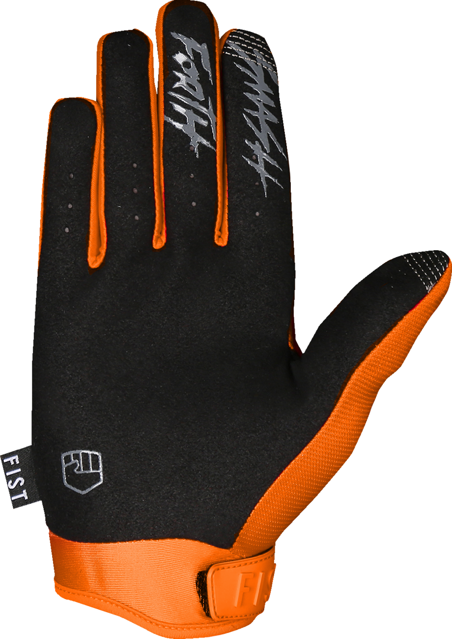 Orange FIST HANDWEAR Strapped Stocker Gloves, model FS00191XXS, showing padded palms and strap closure for secure fit.