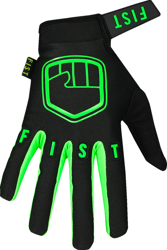 FIST HANDWEAR Strapped Stocker Gloves in fluoro green, large size, showing reinforced straps and durable fabric for work or outdoor use.