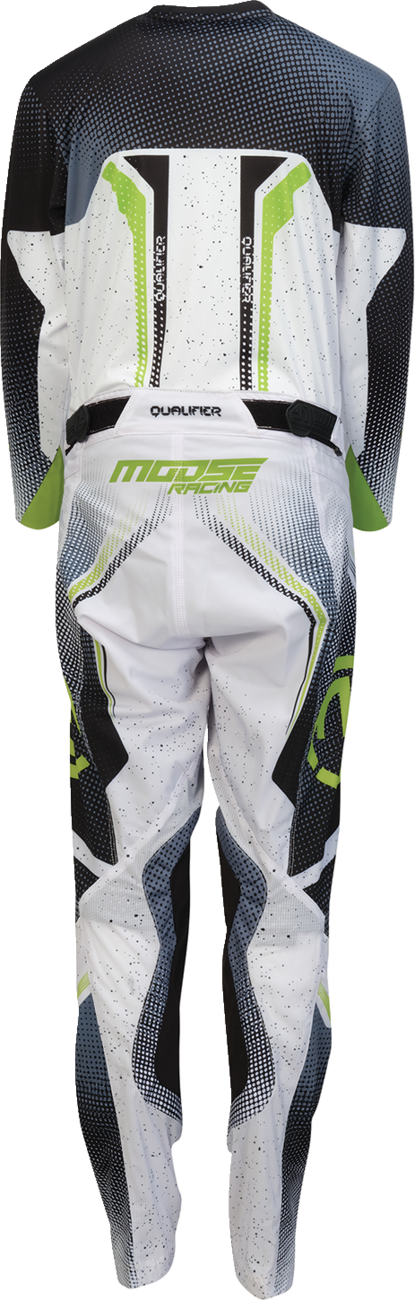 Youth Moose Offroad Qualifier® jersey in white, black, and green with small size, featuring bold branding and sporty design.