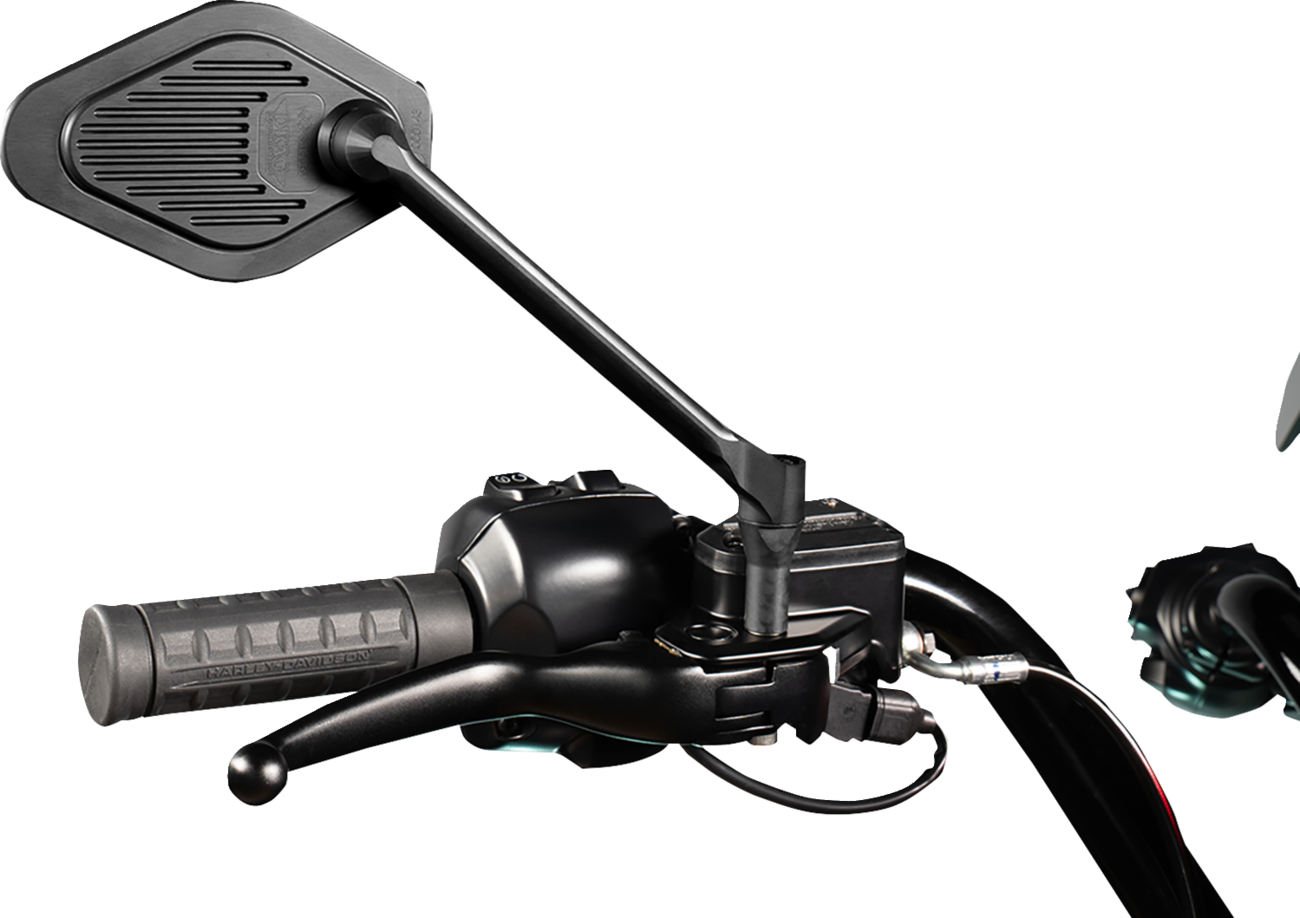 Drag Specialties M03-11-R black adjustable motorcycle mirror with long stem and diamond shape, mounted on a motorcycle handlebar.