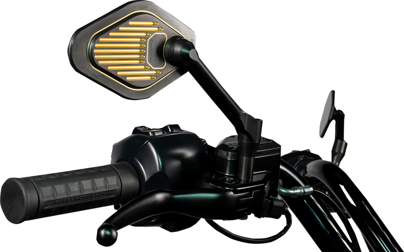 Black and gold DRAG SPECIALTIES M03-06R adjustable diamond mirror with short stem for Harley-Davidson motorcycles