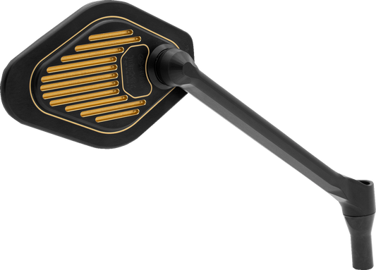 DRAG SPECIALTIES M03-12R adjustable diamond motorcycle mirror with long stem, right side, black and gold finish.