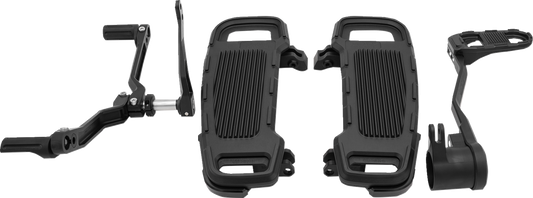 Black adjustable floorboard kit for Harley-Davidson motorcycles by Drag Specialties, featuring sleek design and mounting hardware.