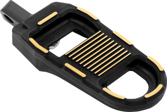 Black and gold DRAG SPECIALTIES adjustable motorcycle foot pegs with textured surface for added grip.