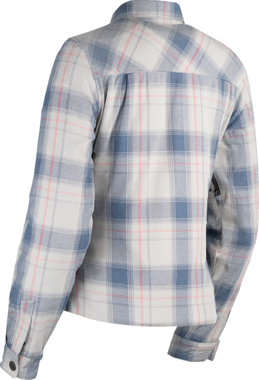 ICON Women's Fallblock Flannel Jacket in gray with D3O Viper back protector, large size, stylish and protective motorcycle gear.