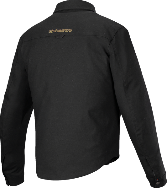 Alpinestars Bryon WR water-resistant overshirt in black, size large, shown on a hanger with a close-up of fabric texture.