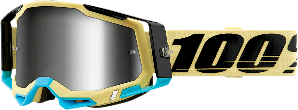 Bill's Exhausts 100% Racecraft 2 Airblast goggles with silver mirror lenses, featuring a sleek design and adjustable strap.