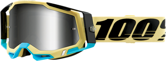 Bill's Exhausts 100% Racecraft 2 Airblast goggles with silver mirror lenses, featuring a sleek design and adjustable strap.