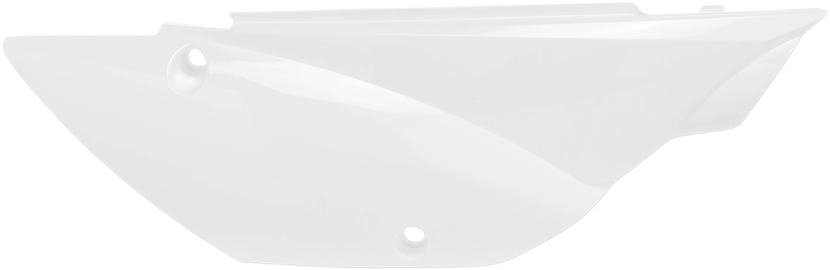 White ACERBIS side panels for motorcycle body, featuring sleek design and brand logo, suitable for customizing bike aesthetics.