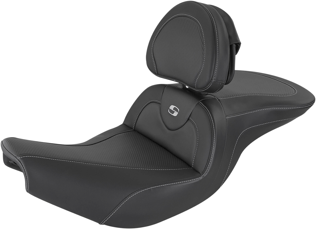 Black SADDLEMEN Roadsofa seat with carbon fiber finish and backrest, designed for motorcycles, by Bill's Exhausts.