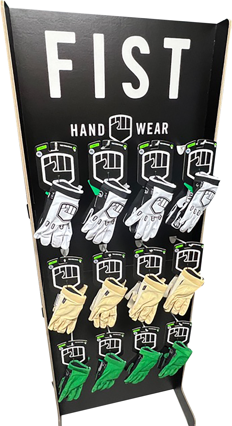 FIST HANDWEAR Cardboard display featuring Handwear Model 9904-1833 gloves in various sizes and colors.