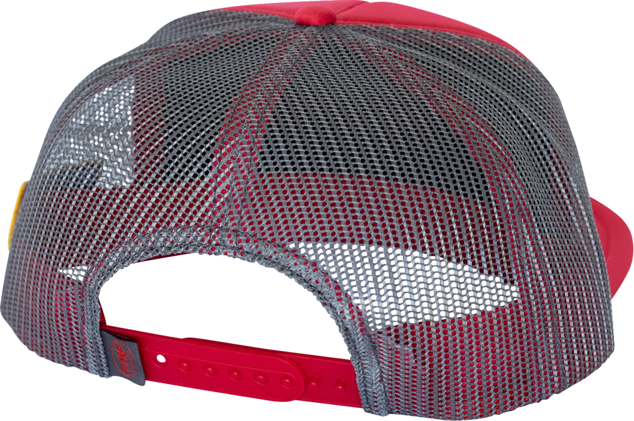Red FMF Pony Power trucker hat with mesh back and front logo patch, stylish casual headwear for outdoor activities.