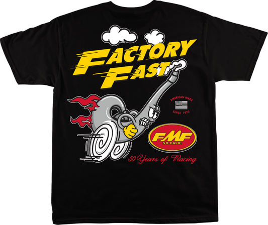 Black FMF Factory Faster T-Shirt in medium size with front graphic design, casual fit, and soft cotton fabric.