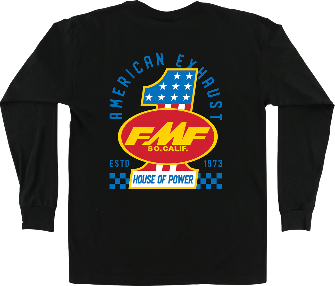 FMF America First long-sleeve T-shirt in black, medium size, featuring the FMF logo and design on the front.