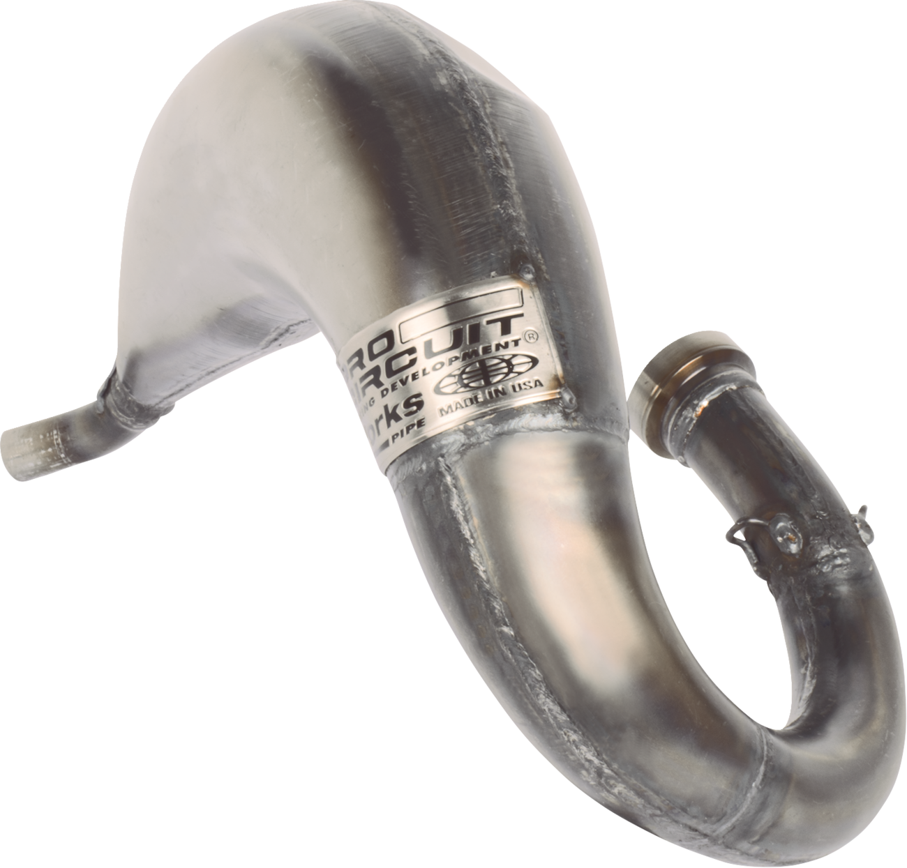 Pro Circuit Works Pipe for KTM 85 motorcycle, showing the shiny, metallic exhaust pipe with branding and mounting details.