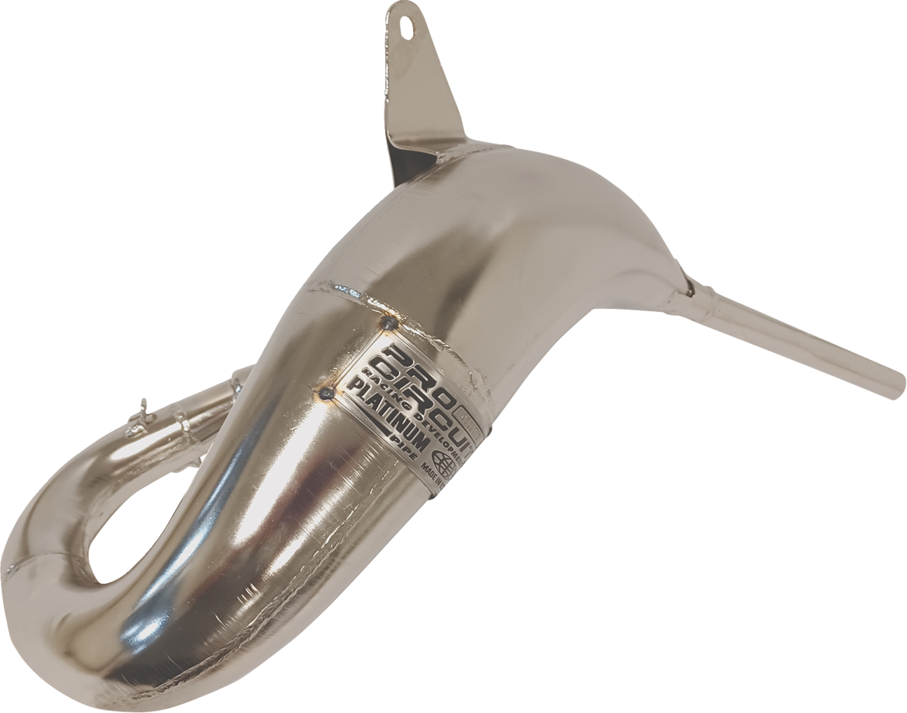 PRO CIRCUIT Platinum Pipe for Kawasaki KX112 motorcycle, showing the shiny exhaust pipe with branding and mounting details.
