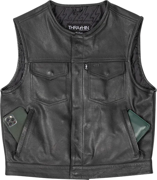 Black Encinal leather shorty riding vest by THRASHIN SUPPLY CO. in XL size, shown on a hanger with front design details visible.