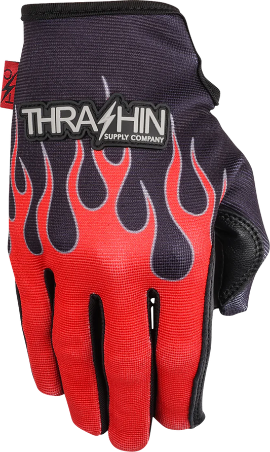 Red XL Stealth Leather Palm Flame Gloves by THRASHIN SUPPLY CO. with detailed leather palms and flame design.