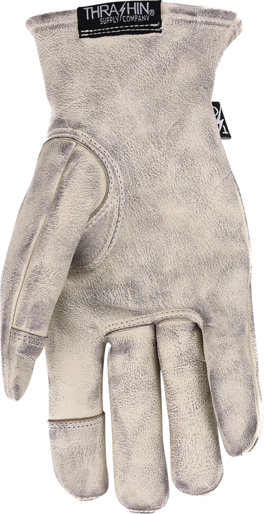 Bone white Roper leather gloves by THRASHIN SUPPLY CO., medium size, showing detailed stitching and soft leather texture.