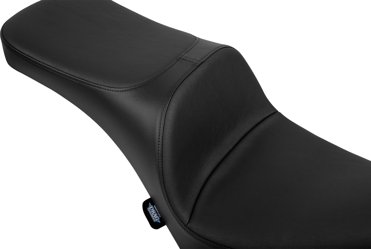 Drag Specialties Freedom Seat for FL/FX motorcycles, black and contoured for comfort, with sleek design and mounting hardware.