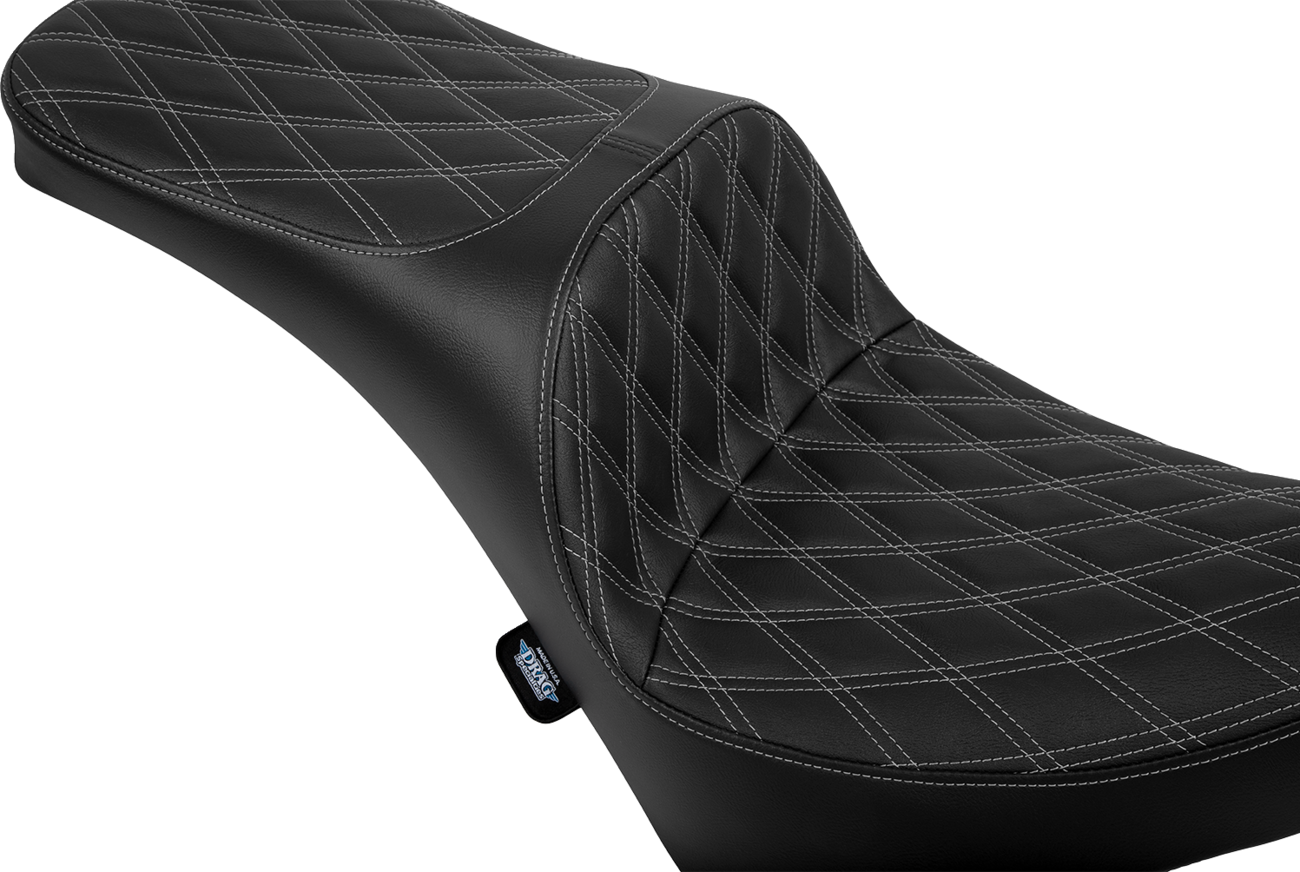 DRAG SPECIALTIES SEATS Freedom Seat for FL/FX 2018-2025, vinyl double diamond silver stitch design, close-up of seat surface