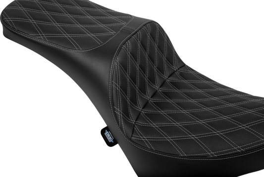 DRAG SPECIALTIES SEATS Freedom Seat for FL/FX 2018-2025, vinyl double diamond silver stitch design, close-up of seat surface