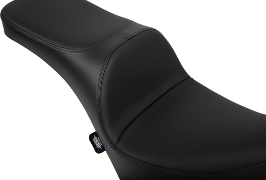 Drago Specialties Freedom Seat in solar leather for Harley FL/FX 2018-2025, front view showing sleek motorcycle seat design.