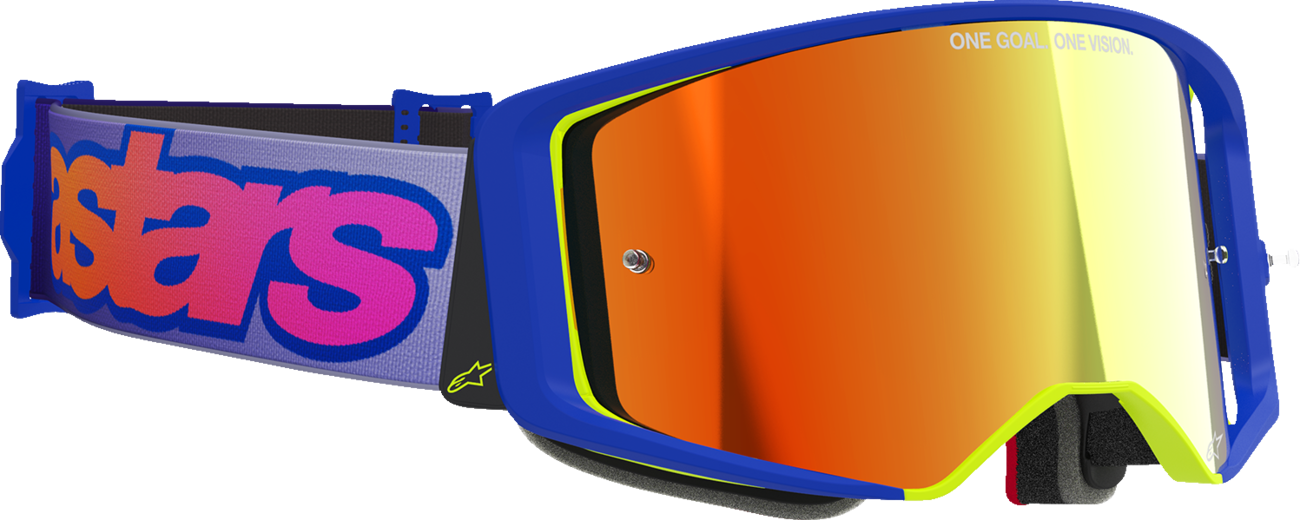 Alpinestars Supertech Vista goggles with blue, yellow, purple frame and red mirror lens for motocross or racing.