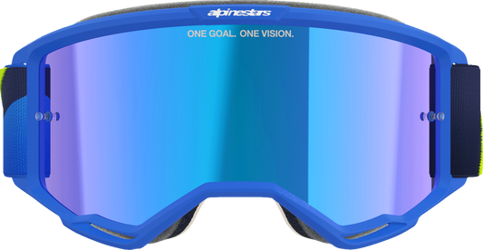 Alpinestars Vision 5 goggles with blue/yellow frame and blue mirror lens, designed for motocross riding.
