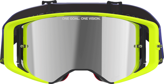 Alpinestars Supertech goggles with purple/yellow frame and silver mirror lens for motocross and racing.