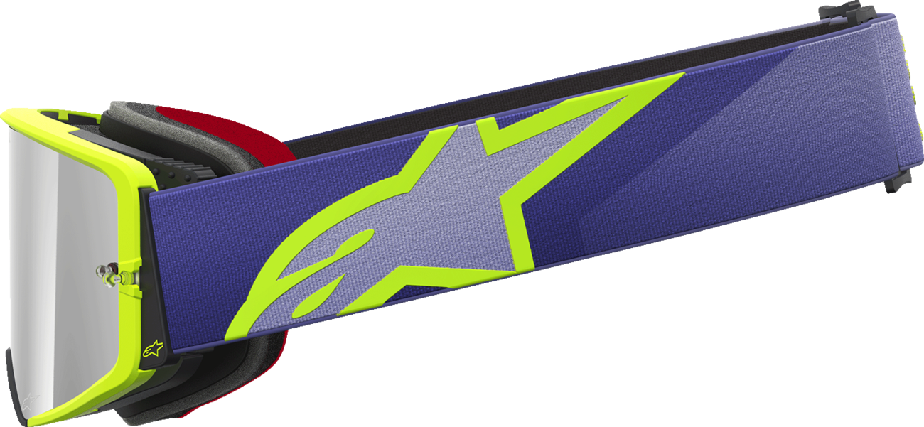 Alpinestars Gogglessupertech goggles with purple/yellow frame and silver mirror lens for motocross or racing.