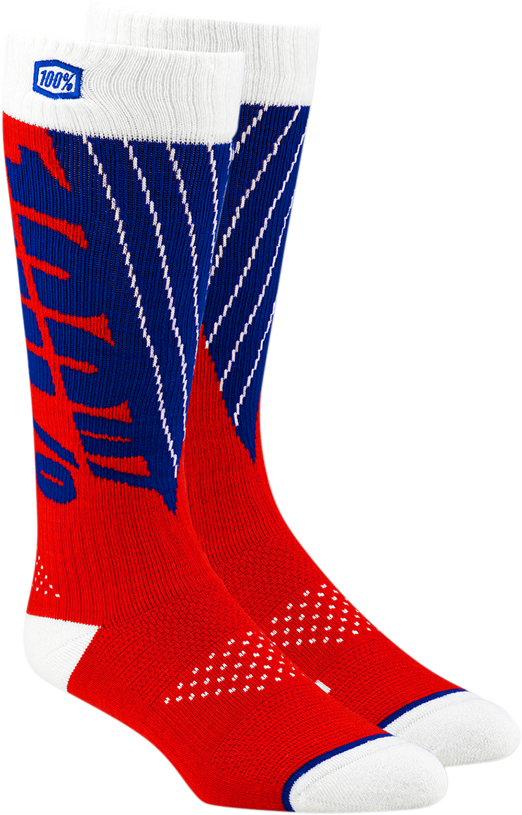 Red and blue 100% Torque Comfort Moto Socks by Bill's Exhausts, small/medium size, featuring padded design and motorcycle-inspired style.