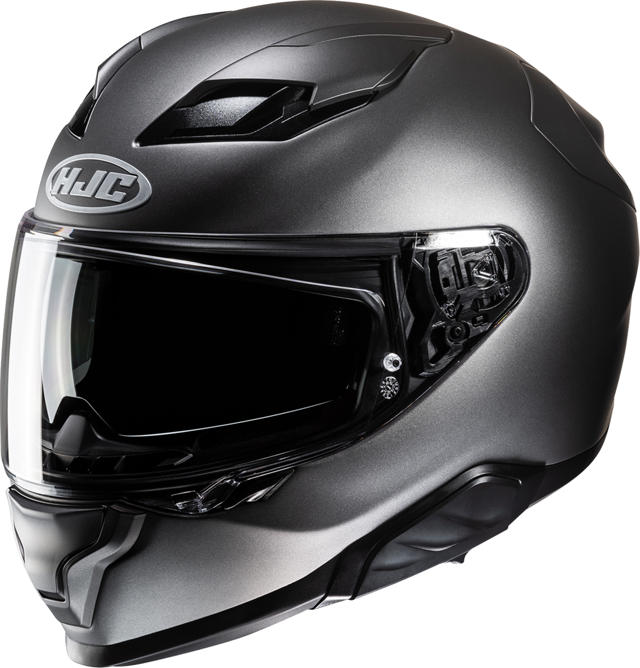 HJC F71 helmet in solid semi-flat black titanium with smart Bluetooth system, size XS, featuring sleek design and integrated communication tech.