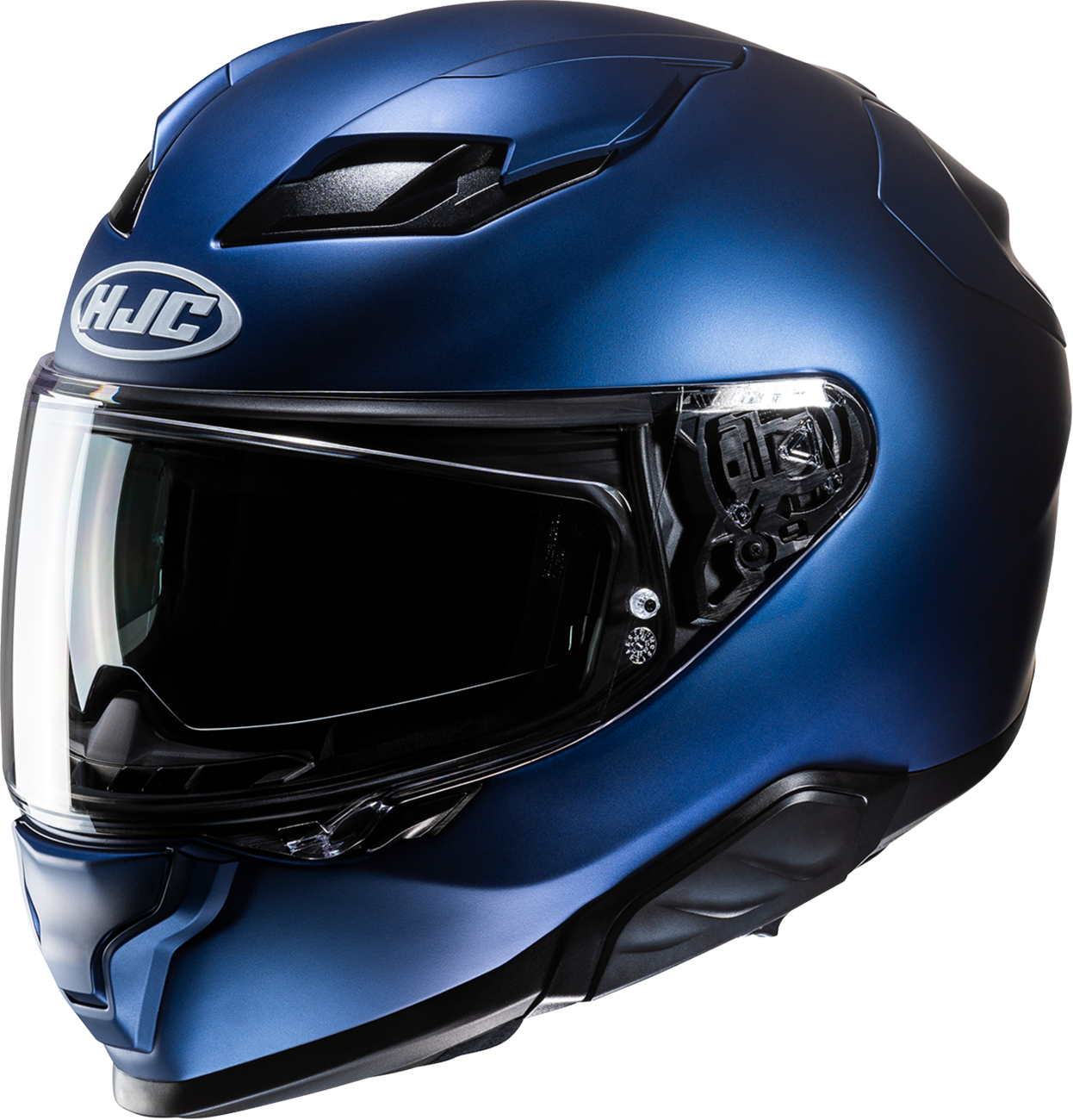 HJC F71 helmet in semi-flat metallic blue with Bluetooth system, large size, front view showing sleek aerodynamic design.