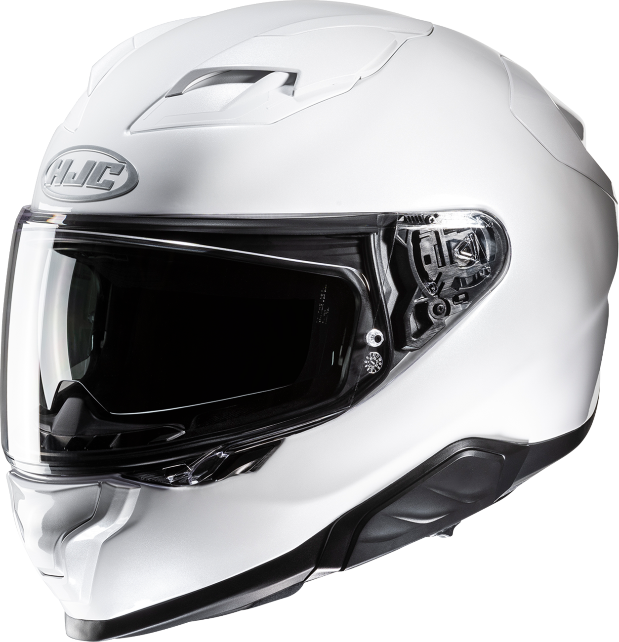 HJC F71 solid white motorcycle helmet with built-in Bluetooth system and advanced safety features, shown from side view.