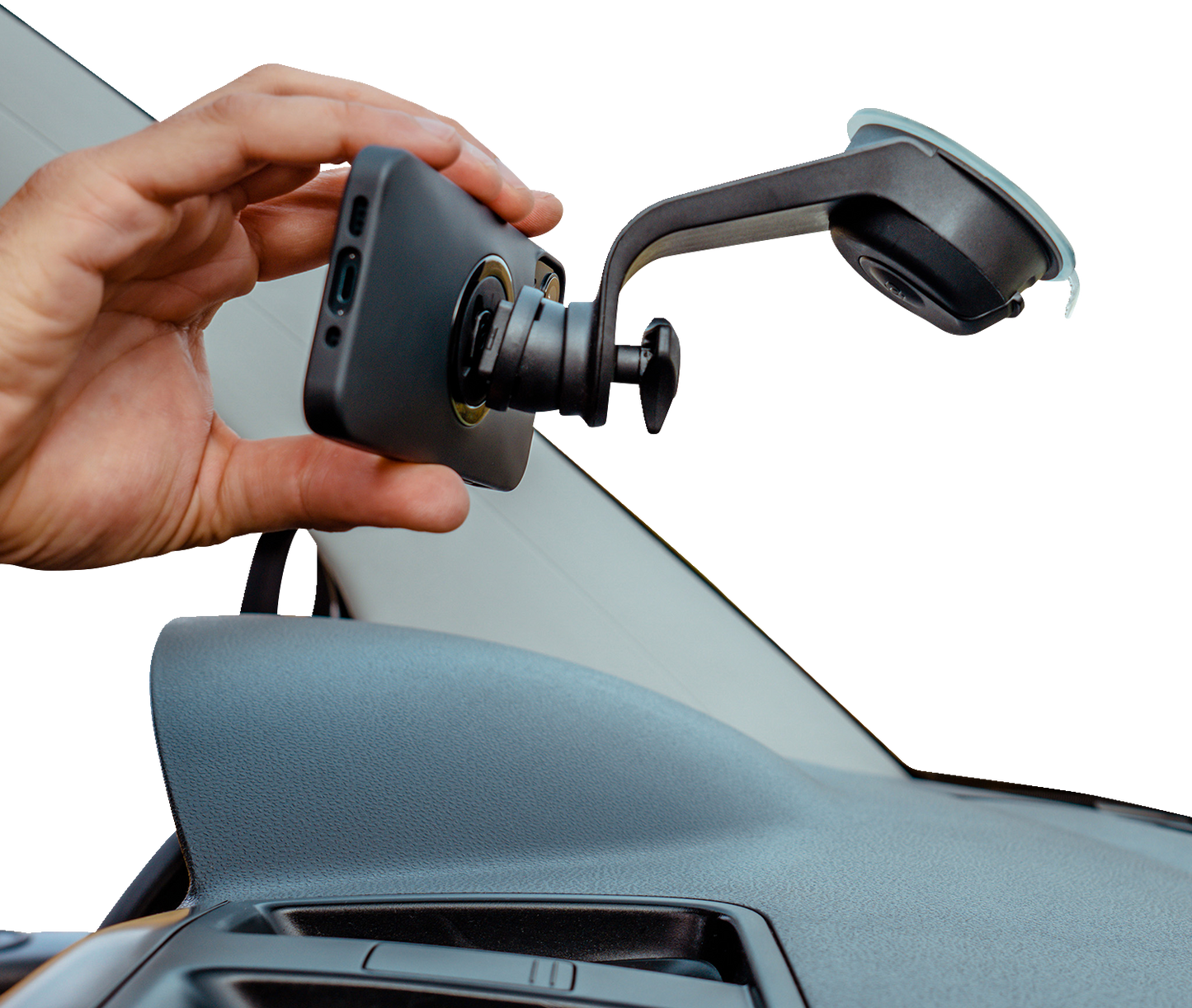 Bill's Exhausts SP CONNECT phone mount with suction cup attachment, securely holding a smartphone for easy access and navigation.