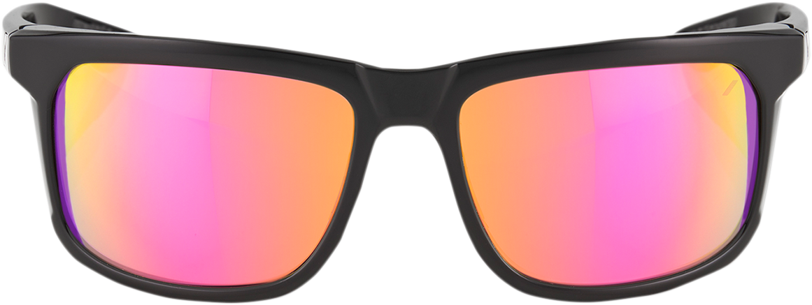 Bill's Exhausts 100% Hakan sunglasses in black with purple mirror lenses, showcasing the stylish design and reflective eyewear.