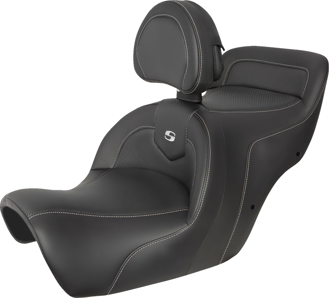 Black SADDLEMEN Roadsofa seat with carbon fiber finish and included backrest, designed for motorcycle riding comfort.