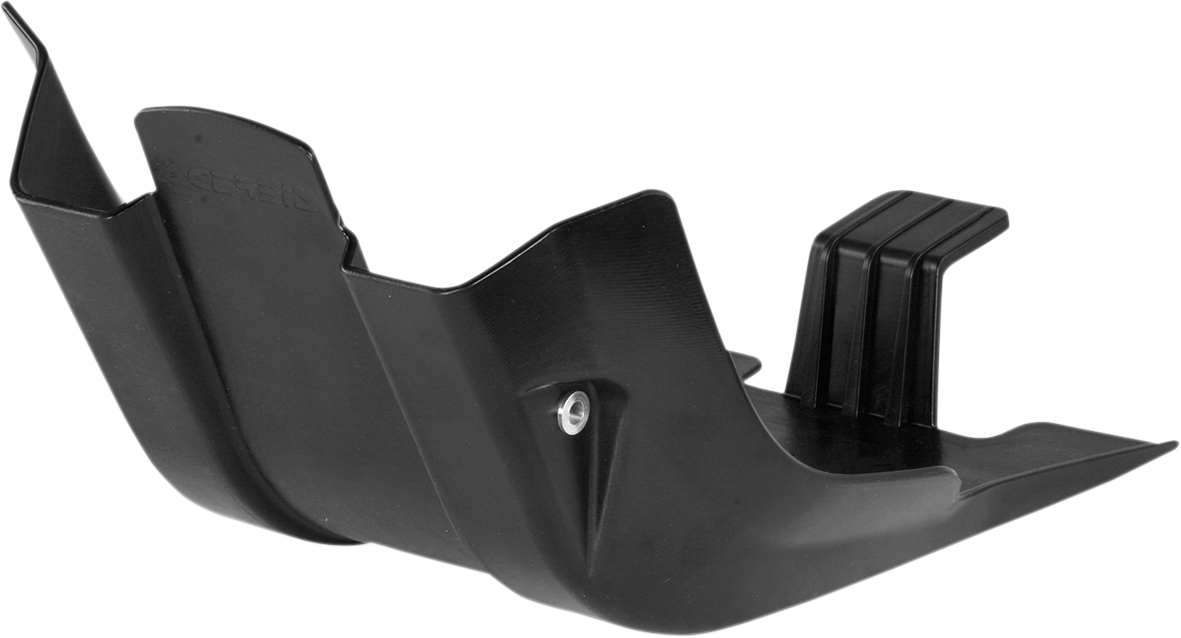 A black Acerbis MX skid plate mounted on a motorcycle body, designed to protect the underside during off-road riding.