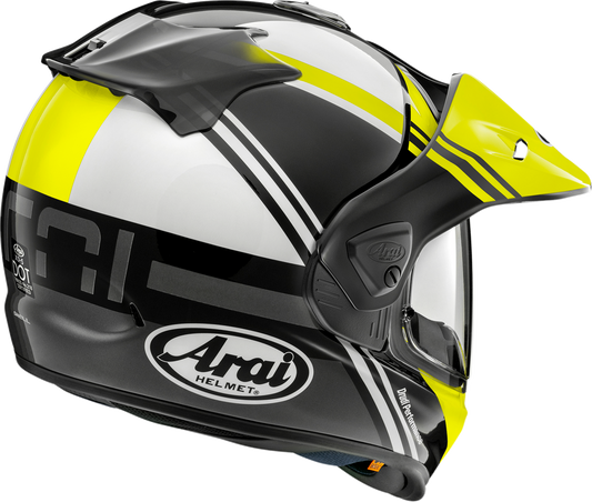 Arai XD-5 Cosmic Yellow motorcycle helmet in small size with bold yellow design and ventilation vents, by Arai Helmets.