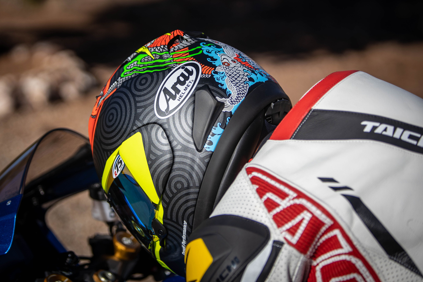 Arai Helmets Corsair-X Tatsuki XL motorcycle helmet with VAS shield mechanism and advanced ventilation system.