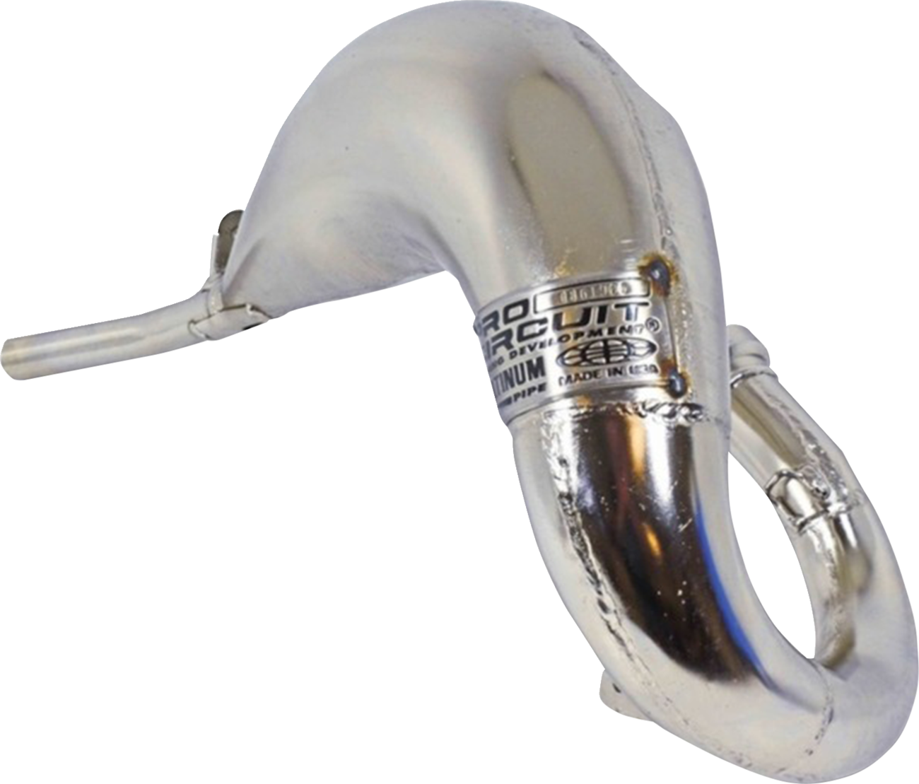 PRO CIRCUIT Platinum Pipe for KTM 85 motorcycle, showing the shiny exhaust pipe with logo and mounting details.