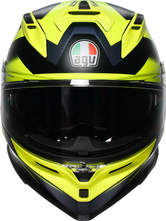 AGV K7 helmet in matte black and yellow fluo with visor, small size, motorcycle racing helmet with sleek design and branding.