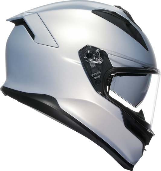 AGV K7 Mono helmet in matte Prisma Silver color, XS size, featuring aerodynamic design and advanced safety features.