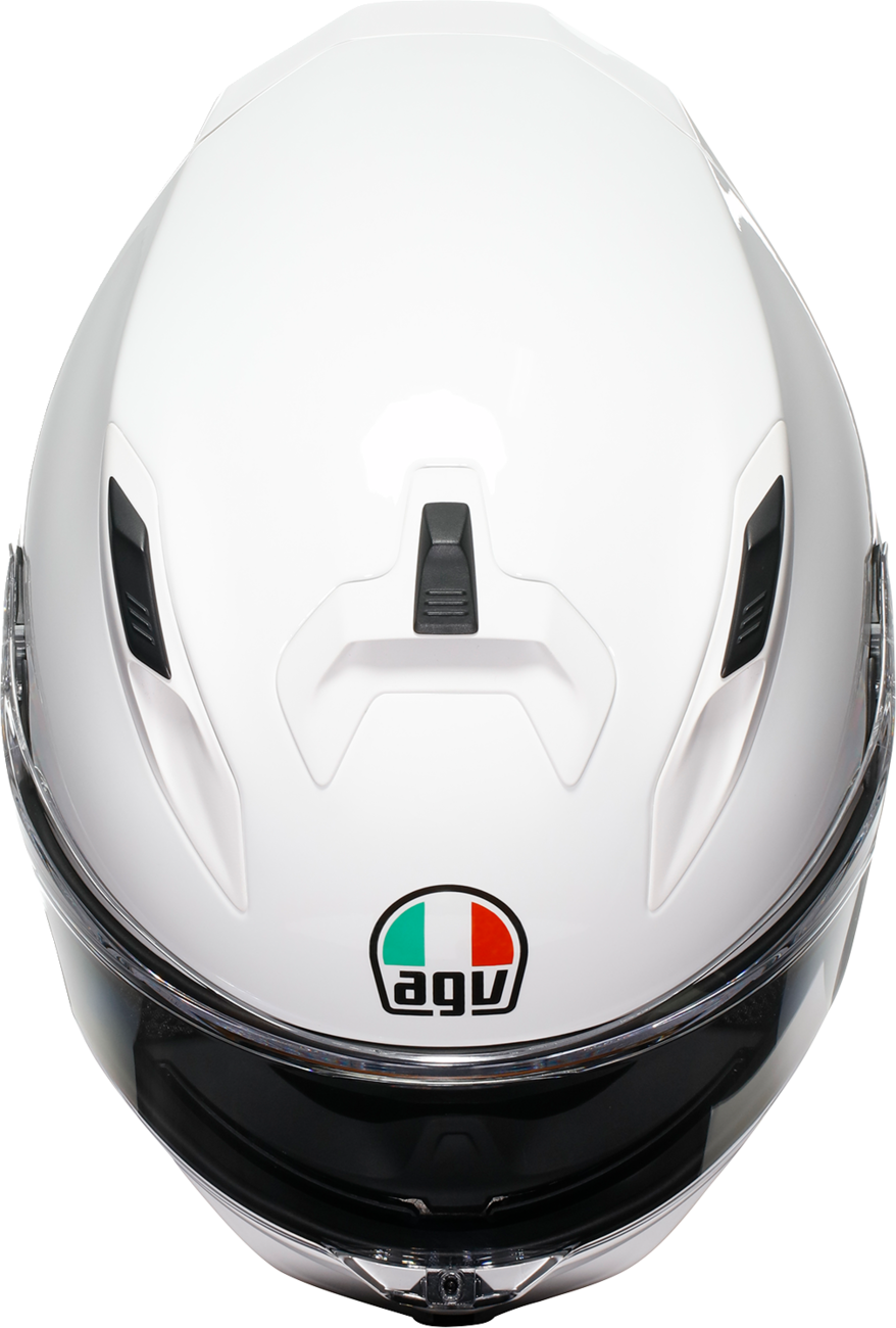 White AGV K7 Mono helmet with advanced ventilation and safety features, large size, shown from a side angle.