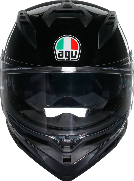 AGV K7 Gloss Black motorcycle helmet in medium size, featuring a sleek aerodynamic design and clear visor.